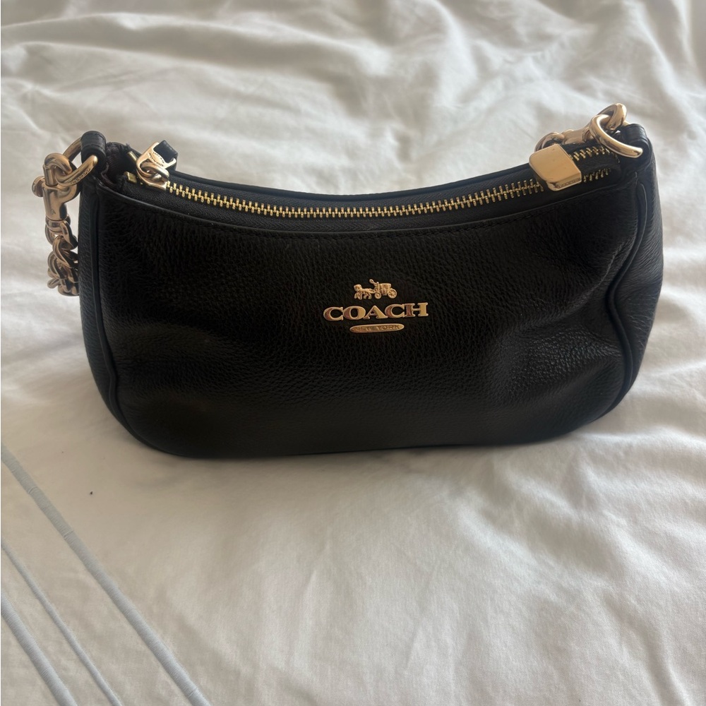 Coach Black Leather Shoulder Bag with Gold Accents